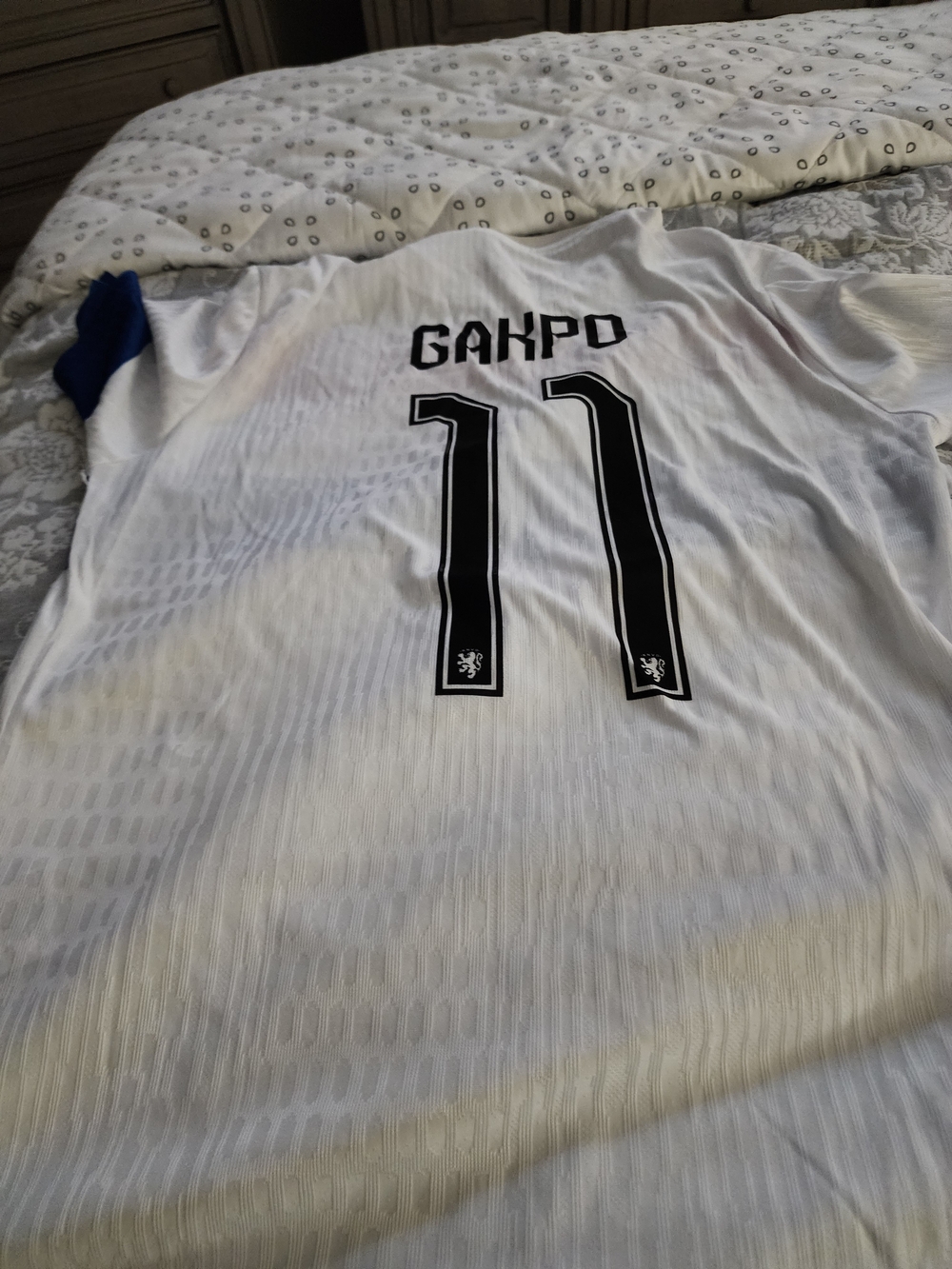 adidas White Gakpo #11 Soccer Jersey with Blue Sleeve